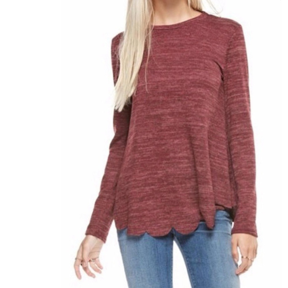 12 PM by Mon Ami Burgundy Ultra Soft Scalloped Hem Crewneck Top